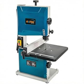 Foto di KATSU Tools Sega a nastro da banco 200 mm 350 W Sega a nastro elettrica per lavorazione del legno, tavolo da lavoro in metallo inclinabile a 45° per tagli obliqui, lama inclusa 100555