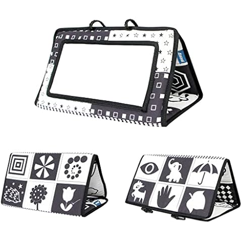 AIPINQI Tummy Time Floor Mirror,High Contrast Developmental Montessori Sensory Crawling Toy for Newborn,Flip for Art Colorful Floor Activity Mirror for Infant with Teether (Black and White) Cover