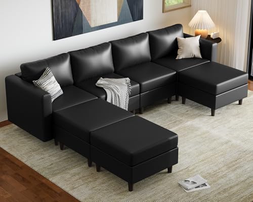 Image of ABCASA 118.5 inch Faux Leather Modular Sectional Sofa, 7 Seater U Shaped Couch with Storage Seat with Reversible Chaise Deep Seat for Living Room Black