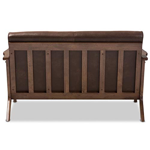 Baxton Studio Bianca Mid-Century Modern Walnut Wood Dark Brown Distressed Faux Leather 2-Seater Loveseat #TOP4