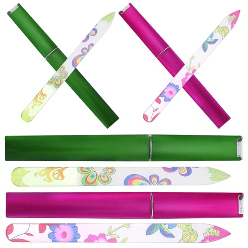 iplusmile Juego de 4 Limas de Uñas de Cristal para Pulir Herramientas Obsequios de Manicura Tamaño Pequeño Colores Morado y Verde Suministros para Salones de Uñas y Uso Portátil