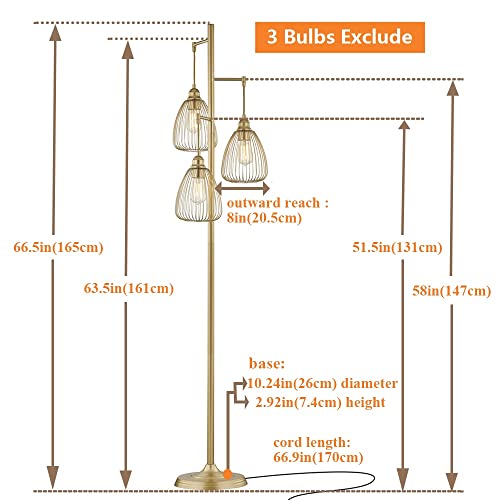 Leezm Floor Lamp, Standing Farmhouse Lamp With 3 Teardrop Cage Head, Tall Vintage Industrial Pole Lighting (3 Bulbs Exclude), Rustic Torchiere Tree Floor Lamp For Living Room, Home, Office - Gold #TOP1