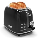 Toaster 2 slice, KitchMix Retro Stainless Steel Toaster with 6 Settings, 1.5 In Extra Wide Slots, Bagel/Defrost/Cancel Function, Removable Crumb Tray (Black)