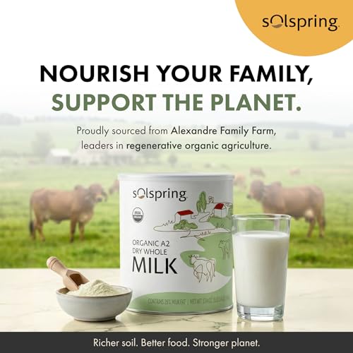 دكتور ميركولا سولسبرينج حليب جاف عضوي A2 كامل الدسم، 15 حصة، 17.4 أونصة (1 رطل 1.4 أونصة)، يحتوي على 26٪ من دهون الحليب، خال من الغلوتين والصويا، عضوي من وزارة الزراعة الأمريكية