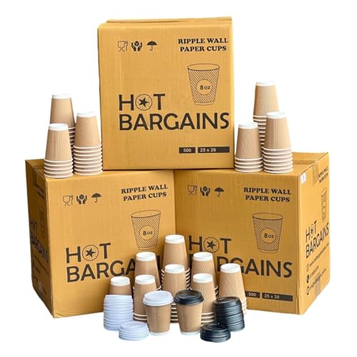 HOT BARGAINS - Kraft Triple Walled Disposable Paper Ripple Cups - 200 X 8oz/ 230ml Hot Drink Cups + Reusable Lids