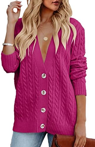 Cardigan for Women Open Front Long Sleeve Pullover Sweater Button Down Cable Knit V Neck Oversized Casual Chunky Outwear Coat Rose