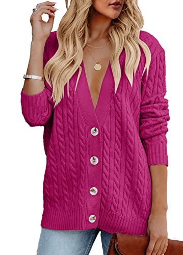 Cardigan For Women Open Front Long Sleeve Pullover Sweater Button Down Cable Knit V Neck Oversized Casual Chunky Outwear Coat Rose #TOP3