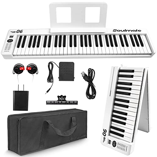 Soulmate Keyboard Piano 61 Key Folding Piano Semi Weighted Keys Portable Electronic Piano, Bluetooth & Midi, Bag Foldable Keyboard Piano For Beginner, White #TOP16
