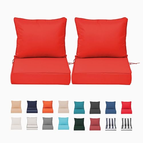 Hsohriif Outdoor Chair Cushions 24x24IN Weather Resistant Set 2 Hampton Bay Replacement Cushions Patio Deep Seat Cushion for Outside Furniture with Removable Cover Red