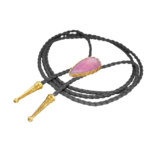 Image of Daisy Del Sol Gemstone Bolo Tie Braided Vegan Faux Leather Natural Stone Gold Handmade Necklace Adjustable Boho Western Jewelry