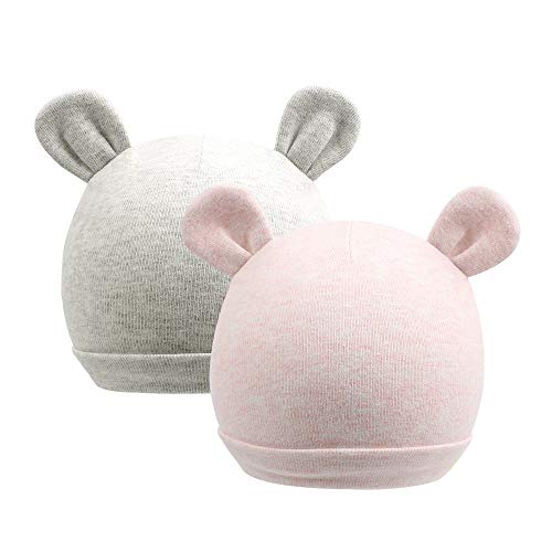 Zsedrut Baby Boy Beanie Newborn Girl Hospital Hat 0-4M Toddler Nursery Cap Rabbit,Bear Ears,100% Cotton,Double Fabric (2 Pack Grey&Pink)