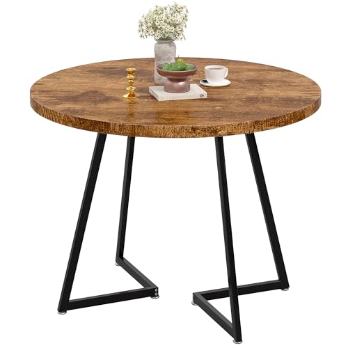 Image of VECELO 35 inch Round Dining Table for 4, Wood-Grain Tabletop & Heavy-Duty Steel Frame, for Kitchen, Living Room, Easy Assembly, Antique Brown