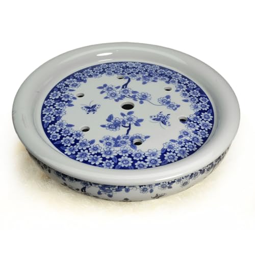 Image of Porcelain Tea Tray 12 inch, Double-Layer Ceramic Tray Round for Tea Coffee Serving Gongfu Tea Table Tea Room (Blue and White Butterfly Lovers)