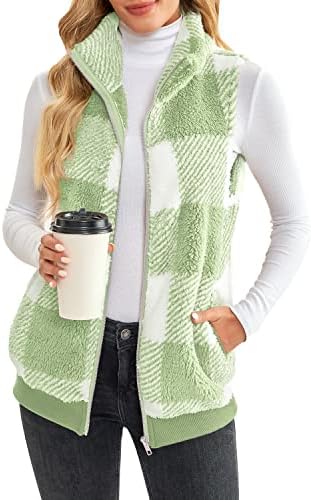 LAMISSCHE Womens Fuzzy Fleece Zip Up Vest Sleeveless Plaid Fluffy Sherpa Coat Warm Faux Fur Jacket With Pockets(A01-Light Green,2XL)
