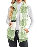 LAMISSCHE Womens Fuzzy Fleece Zip Up Vest Sleeveless Plaid Fluffy Sherpa Coat Warm Faux Fur Jacket W
