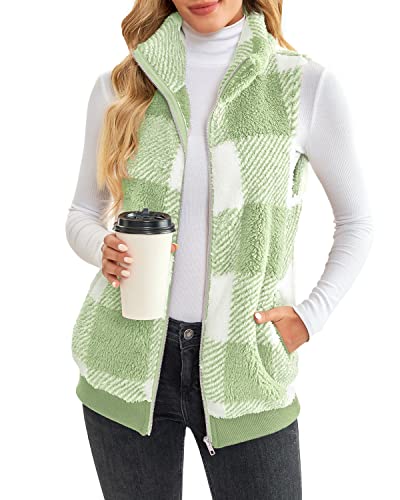 Lamissche Womens Fuzzy Fleece Zip Up Vest Sleeveless Plaid Fluffy Sherpa Coat Warm Faux Fur Jacket With Pockets(A01-Light Green,2Xl) #TOP1