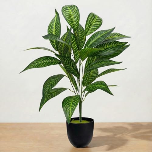 Image of Dekorly Artificial Plant Leaves Tropical Monstera Large Artificial Plants Fake Zebra Leaf Plastic Palm Tree Branch for Home Garden Decor | 26 Leaves (WithPot-Green-D, Height : 76CM)
