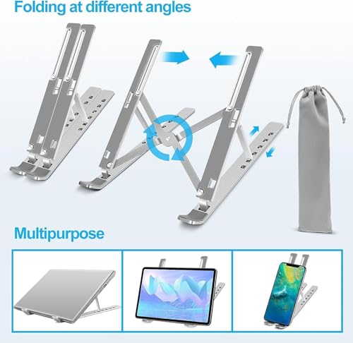 Image of Portable Aluminium Alloy Laptop Stand, Foldable with 6 Adjustable Angles, Non-Slip Silicone, Ergonomic Design, Silver, with Storage Bag