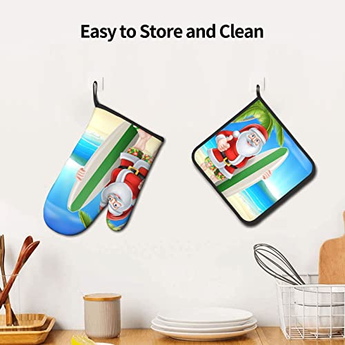 Santa Claus With The Beach And Surfboard Printed Oven Mitts And Pot Holders Sets (2-Piece Set) With Durable Heat Resistant For Bbq, Baking, Cooking #TOP4