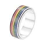 Nanafast 8mm Stainless Steel LGBT Pride Ring Rainbow Flag Enamel Gay Lesbians Wedding Band Spinner Ring for Men Women-Silver-9
