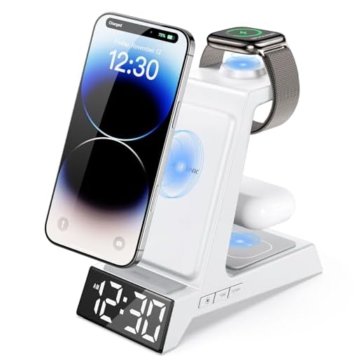 ANJANK 4 in 1 Alarm Clock with Wireless Charging, Wireless Charger Station for Multiple Devices Apple,Charging Dock for iPhone 17 16 15 14 13 12 Pro Max Series, Apple Watch, AirPods Pro 3/Pro 2/4/3/2