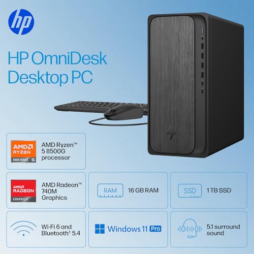 Image of HP OmniDesk Desktop Tower, AMD Ryzen 5 8500G, 16GB DDR5 RAM, 1TB PCIe SSD, AMD Radeon 740M Graphics, USB-C&A, HDMI, DisplayPort, Wi-Fi 6, Win11 Pro, Business & Home Office PC, Keyboard and Mouse