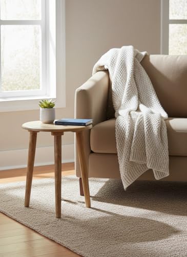 Image of Solid Wood Round Side Table for Living Room | Compact Sofa End Table with 3 Legs | Minimalist Wooden Accent Table for Bedroom Balcony Office Home Decor (Natural, 12X16 Inches)