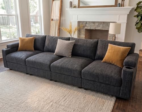 Image of Sectional Couches for Living Room FSC Certified Chenille Modular Couch Oversized Cloud U Shaped Convertible Sleeper Sofa Chaise Detachable Armrest Cushion (Velvet Grey, 4 Seat)