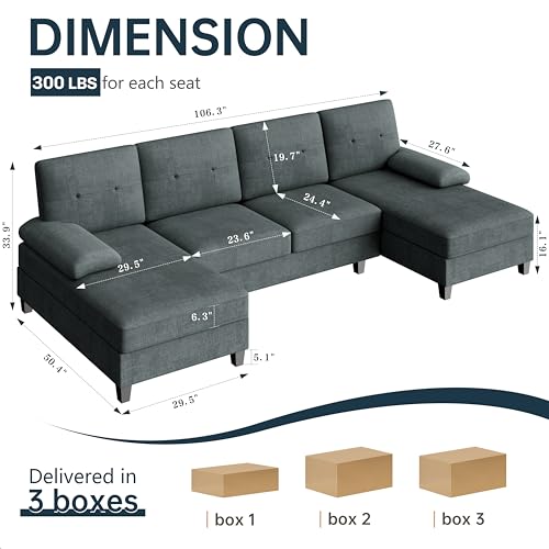 Meilocar Sectional Couches for Living Room, U Shaped Couch 4- Seat Sectional Sofa with Double Chaise, Comfortable Fabric Large Sofa for Apartment (Grey)