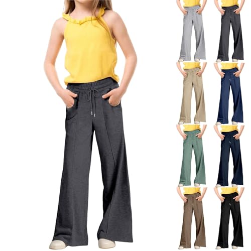 Kids Girls Wide Leg Sweatpants for Women Elastic Smocked High Waisted Drawstring Loose Wide Pants with Pockets