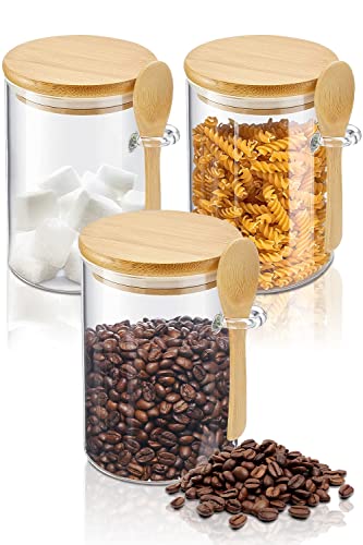 Kaffee-Zuckerbehälter - 425 ml Glas luftdichte Dose mit Bambusdeckel und Löffeln, Haferflocken, Salz, Gewürze, Sahne, Lebensmittel-Organizer, 3er-Set Cover