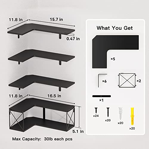 Richer House 5-Tier Corner Floating Shelves Set Of 5,Corner Black Shelves For Wall Decor, L-Shaped Corner Wall Mounted Shelf For Bedroom, Living Room, Bathroom, Kitchen - Black #TOP2
