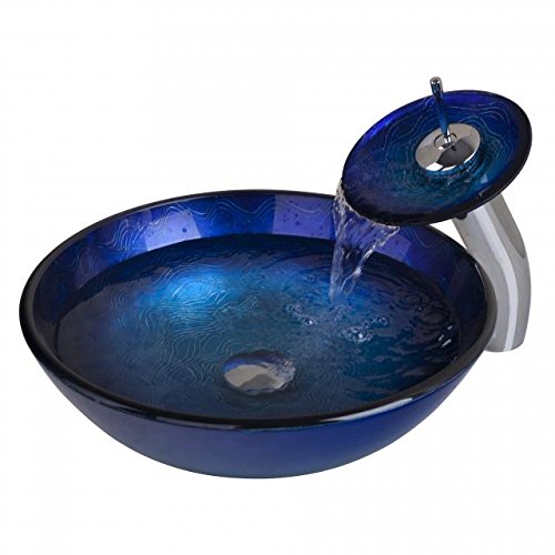 Dark Blue Tempered Glass Vessel Sink With Waterfall Faucet Set - 12mm Thick, Above Counter Basin