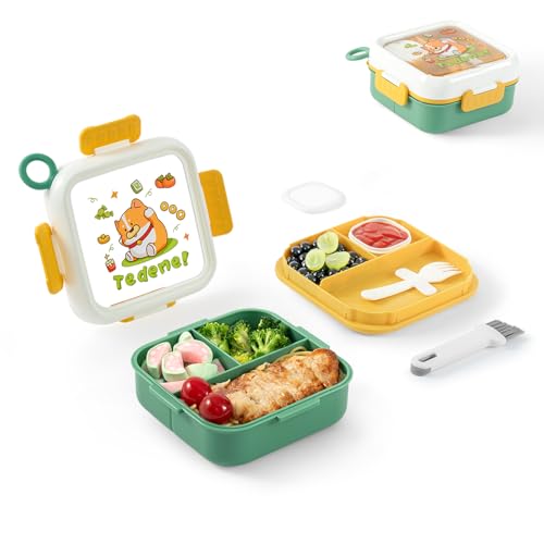 SAYAPE Bento Box for Kids & Adults – Cute Cartoon 2-Layer Lunch Box with Fork, Sauce Cup & Brush, BPA-Free, 3-Compartment Square Snack Container...