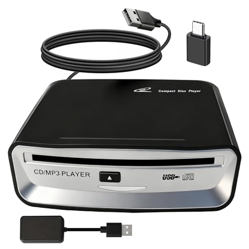 Doikce Portable CD Player for Car, External USB Compact Disc Drive for Vehicles Without Built-in Audio, Advanced Anti-Skip & Resume Playback, Dual Connection for Road Trips, Black