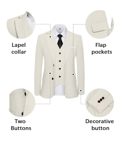 Linen Suit for Men Slim Fit 3 Piece Suit Casual Summer Beach Wedding Suits Set Beige L