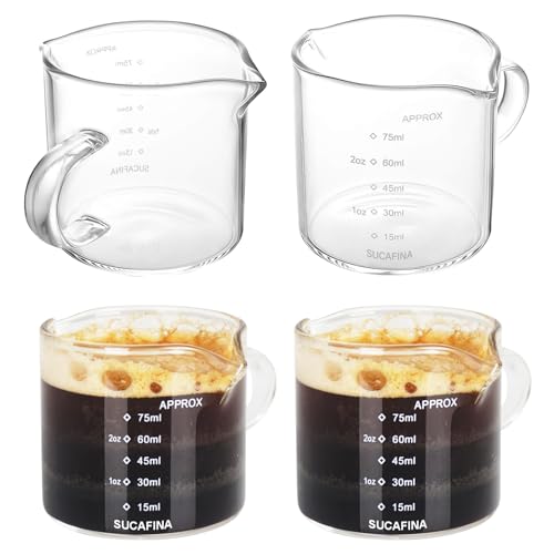 4 vasos de chupito de 100 ml, vaso medidor de vidrio con mango, vaso medidor de espresso, vidrio de borosilicato resistente al calor, accesorios baristas, en mililitros y onzas líquidas (Fl.Oz) para