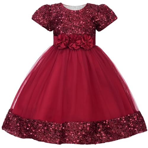 Uhnice Girls Sequin Tulle Flower Girl Dress with Detachable Bow for Wedding Birthday Party