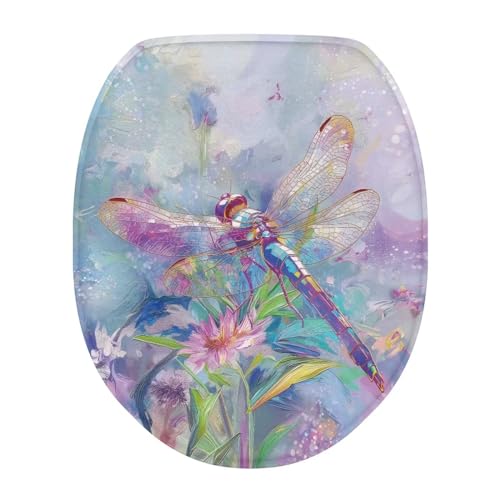 Uorisanigo Colorful Drganfly Toilet Seat Lid Cover Aesthetic Light Purple Toilet Lid Covers for Bathroom Elongated Fits Most Standard Lids Bathroom Decor Accessories