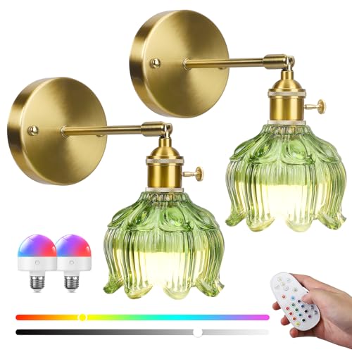 Makdly Battery Operated Wall Lights 2 Pack Vintage Rechargeable Wall Lamps with Dimmable Detachable Charging Bulbs and Remote, 3 Color Temperature&15RGB Wall Sconces for Living Room Bedroom Hallway