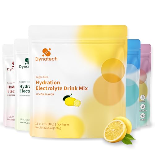 Dynatech Zero Sugar Electrolyte Drink Mix - Lemon - Hydration Powder Packets with 10 Electrolytes & Vitamins | Non-GMO, Gluten Free, Vegan Electrolytes Powder Packets | 16 Servings