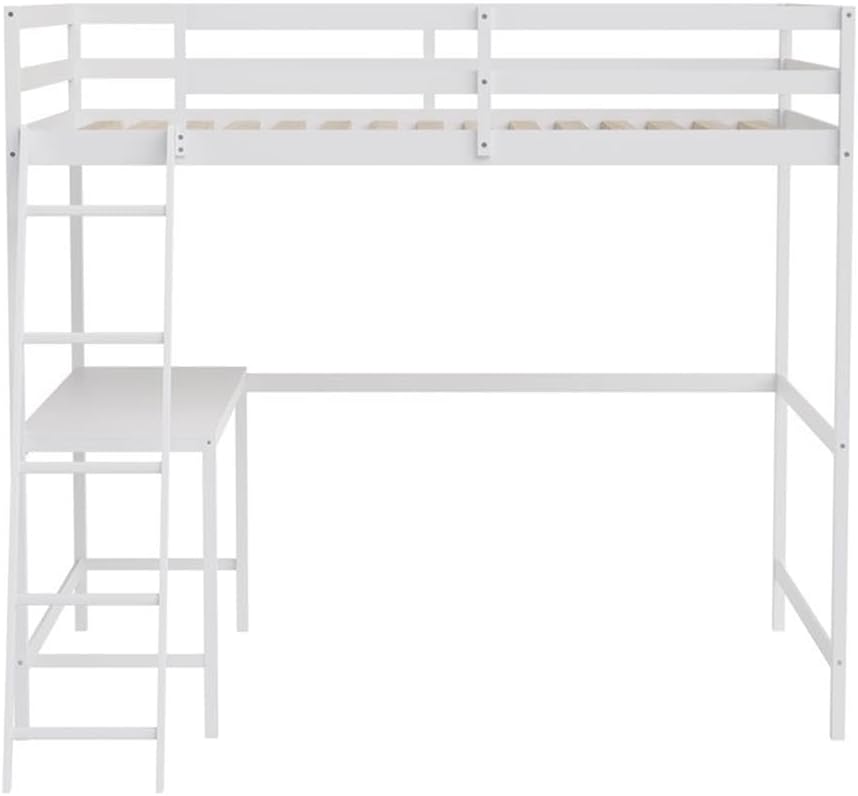 Pemberly Row Full Wood Slat Loft Bed, Integrated 56" W x 18.75" D Desk and Ladder, White Finish, 78.75" W x 57.5" D x 69.25" H, Dual Guardrails, Space-Saving Design for Kids, Teens, or Adults