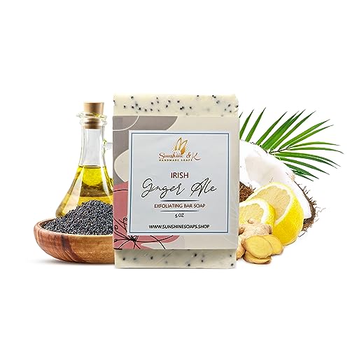 Sunshine & K Handmade Soaps Irish Ginger Ale Exfoliating Soap, Bar Soap with Poppy Seeds & Shea Butter, Natural Base Oils Body Soap, Body Soap Bars with 6 Natural Base Oils, 4.4 oz