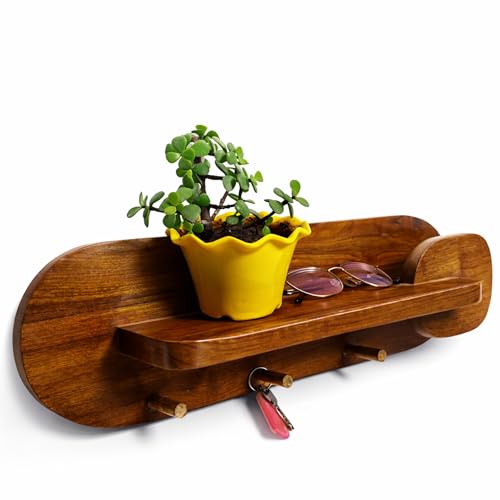 HOMORA Minimalist Wooden Wall Organizer Shelf with Hooks – Rustic