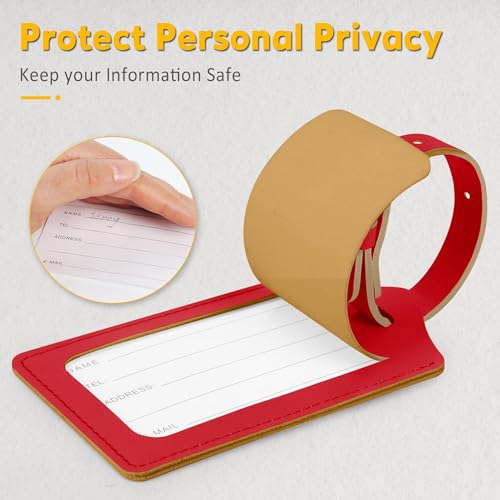 Image of Travelambo 8 Pack Luggage Tags Faux Leather for Suitcases Travel Bag Labels Travel Accessories Essential with Protection Cover ID (Red Deep)