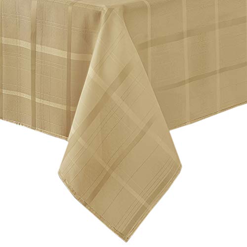 Newbridge Elegance Plaid Christmas Fabric Tablecloth, 100% Polyester, No Iron, Soil Resistant Holiday Tablecloth,60 Inch X 144 Inch Oblong/Rectangle, Ribbon Gold #TOP3