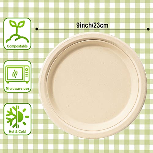 Rigid 9 inch 50 Pack Disposable Paper Brown Plates Sugarcane Compostable Strong Dishes for Picnic Wedding Christmas Party BBQ - Image 3