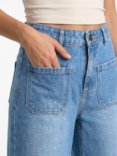 Image of Urbano Fashion Women's Mid Rise Wide-Leg Washed Jeans Non-Stretchable