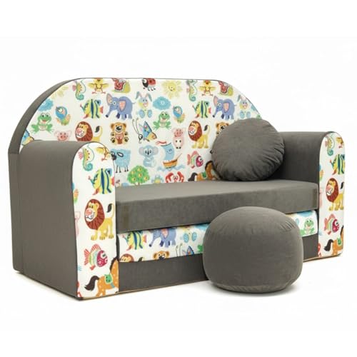 All4All Kindersofa Schlafsofa 3in1 Velo Spielsofa für Kinder Sofa zum Aufklappen Funzy Kindercouch mit Schlaffunktion Verschiedene Muster Grau Rosa Grün Tiermuster Bequem (A5 Grau + Tiere)