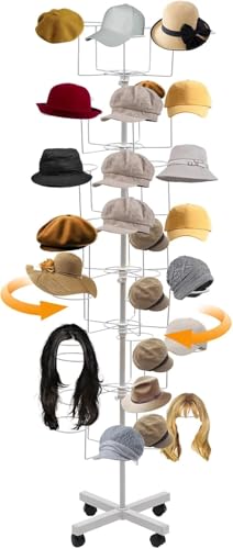 DDBESSIC 7-Tier Hats Display Rack, 35 Hat Holders Adjustable Hat Headwear Rack with Wheels, Metal Hat Hanger Floor Standing Display Tower Cap Organizer for Home or Store